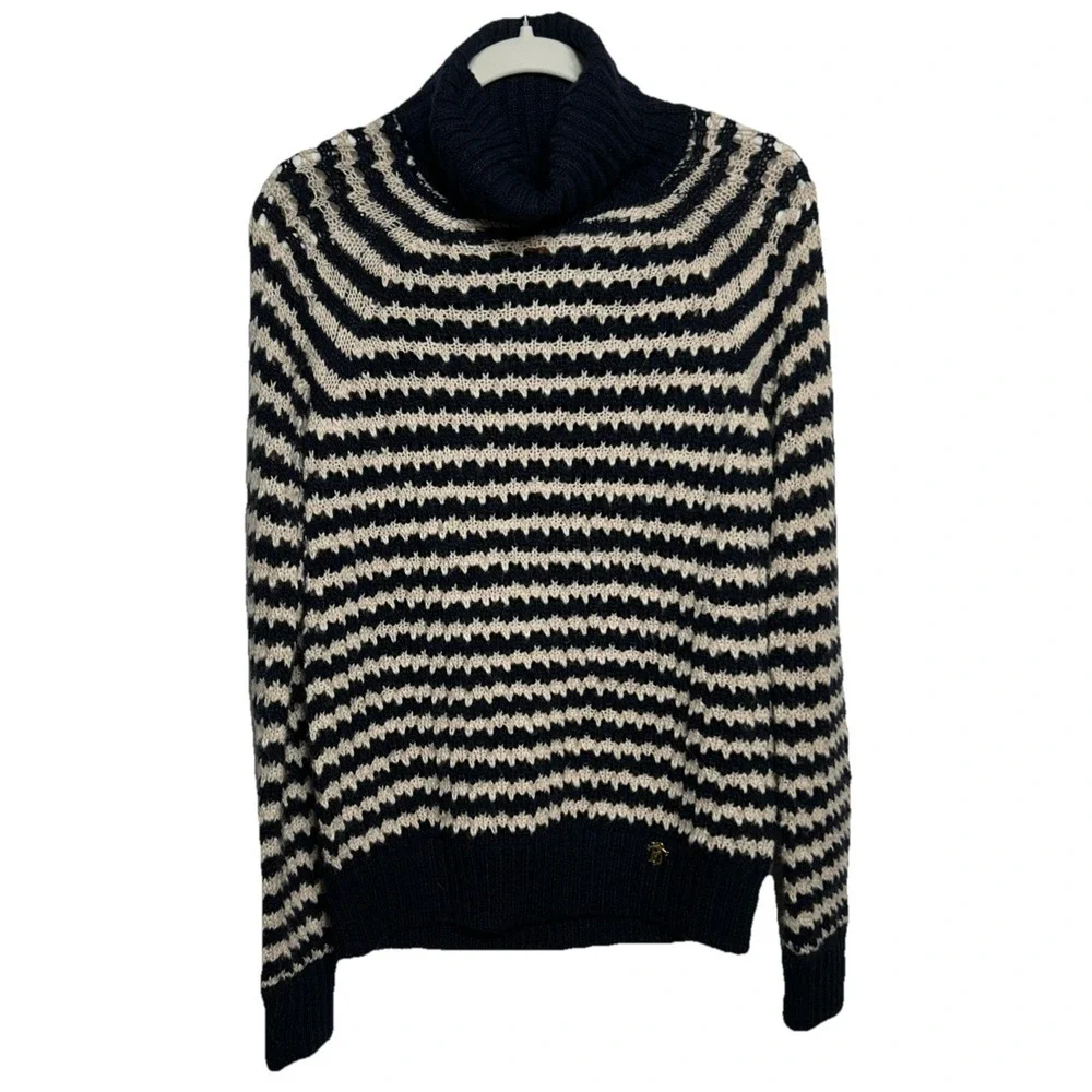 Tory Burch Wool Blend Turtleneck Sweater Navy Cream Stripe Gold TB Logo Sz Large